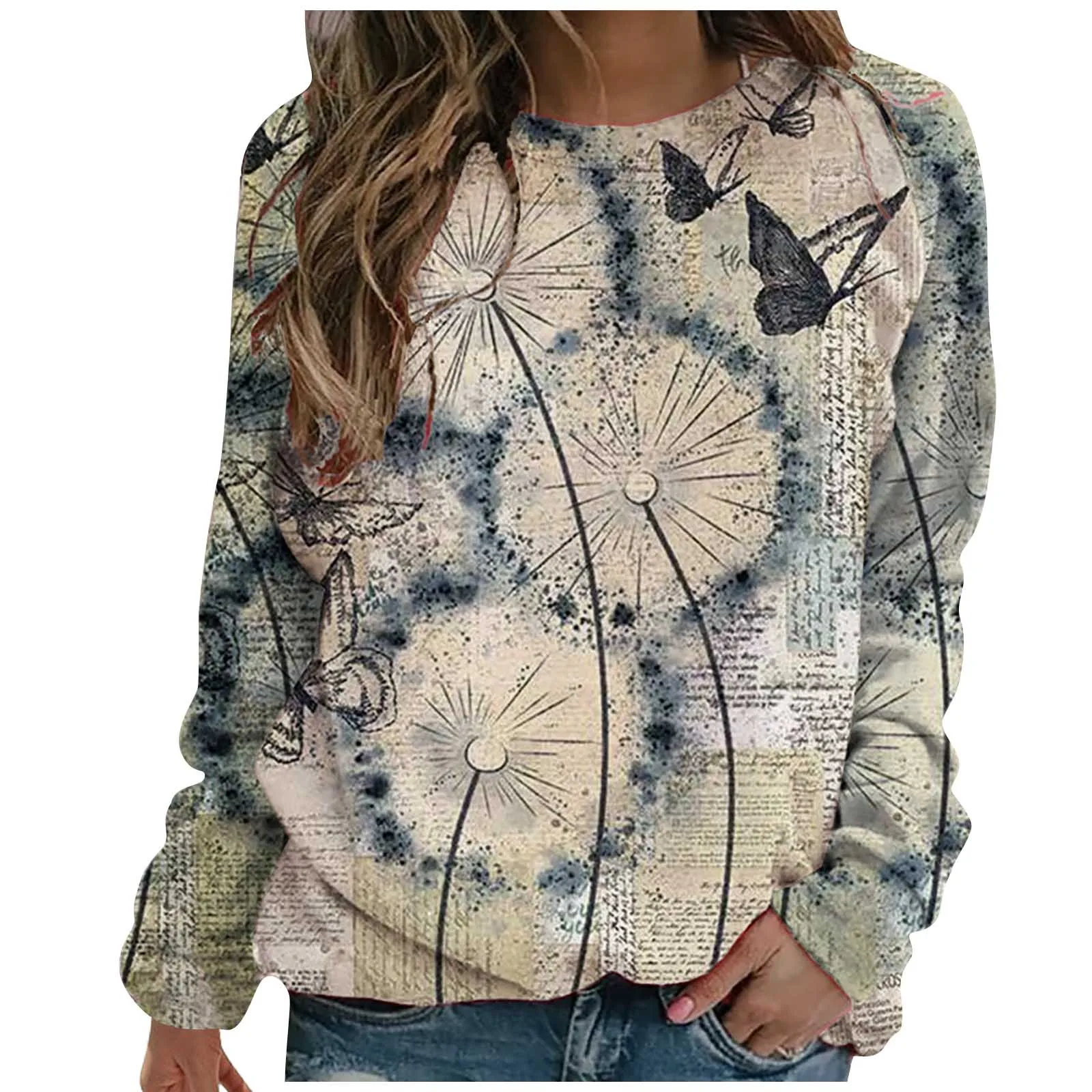 Fashion Hoodie Women Sweetshirts Hooded Sweatshirt O-neck Flower Butterfly Printed Long Sleeves T-shirt Sweater Tops Blusas Y2k