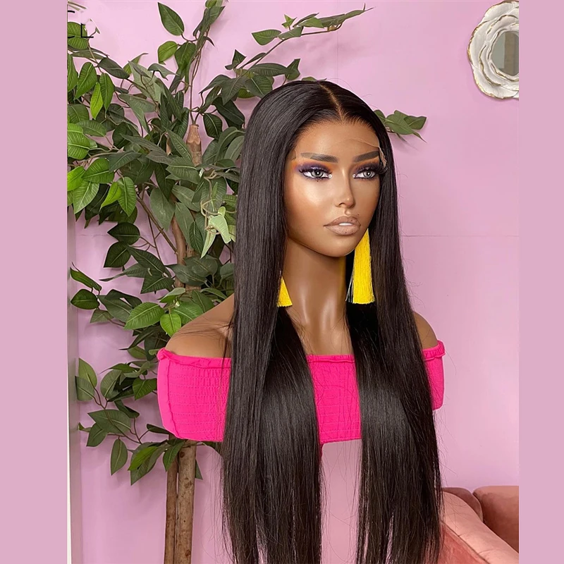 26Inch Natural Black Long Silky Straight Middle Part Lace Front Wigs For Women With Baby Hair Preplucked 180%Density