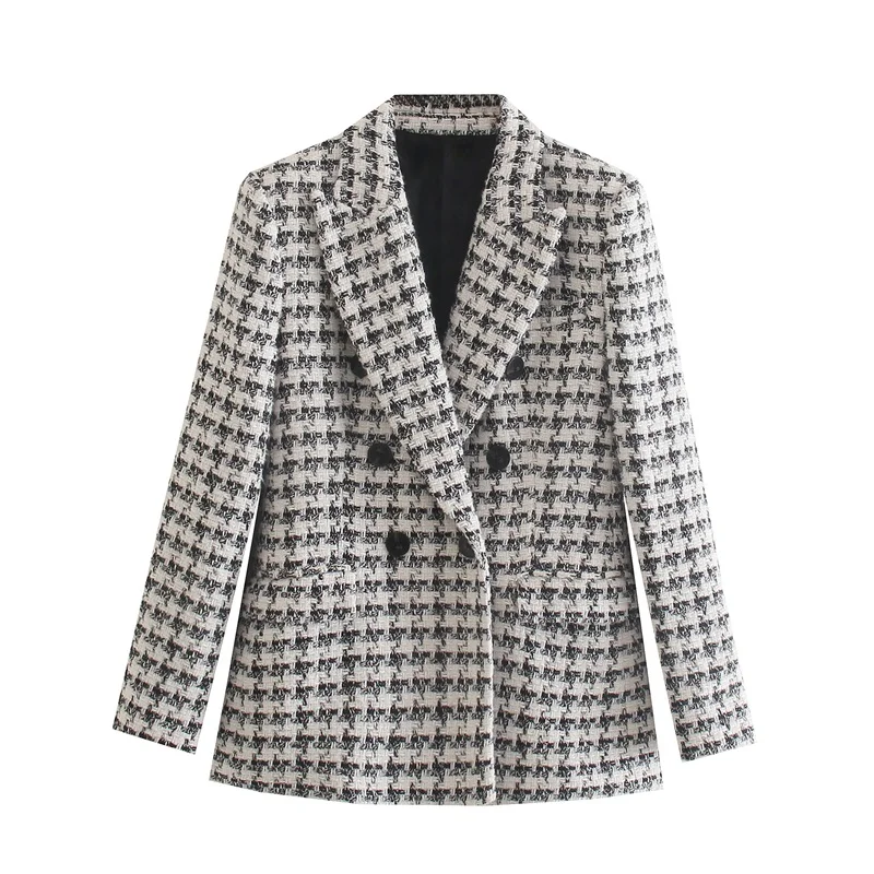 

MESTTRAF Sexy Tweed Double Breasted Fashion Casual Blazer Coat Retro Long Sleeve Office Wear Flap Pockets Female Outerwear