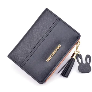 Women's Wallet Short Solid Color Cute Tassel Hasp Female Zipper Pu Leather Coin Purses Card Holder Fashion Ladies Money Clip