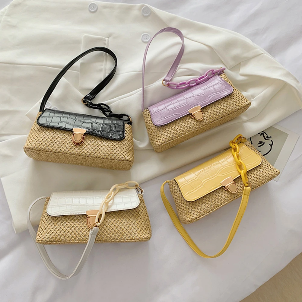 Модные женские соломенные сумки на плечо повседневные плетеные с каменным