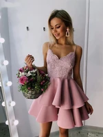 promworld spaghetti straps a line v neck lace robe cocktail graduation homecoming dresses 2020 blush pink short prom dress