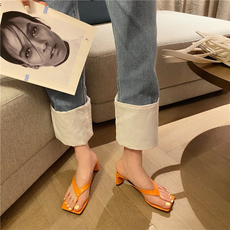 

Women Slides Ladies Clip Toe Slippers Slip On Mules Shoes Black/White/Orange/Silver Simple Outdoor Fashion Thin Mid Heels Mules