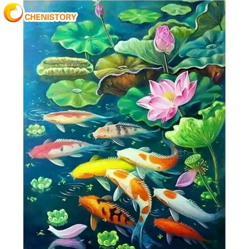 

CHENISTORY 60x75cm DIY Frame Painting By Number Kits Carp Lotus Pond Picture Drawing Coloring By Numbers Acrylic Paint Home Art