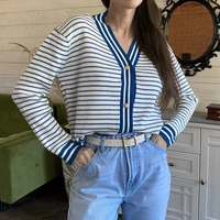 colorfaith new 2021 women sweaters autumn winter fashionable button oversized striped short cardigans vintage knitwear swc1379jx
