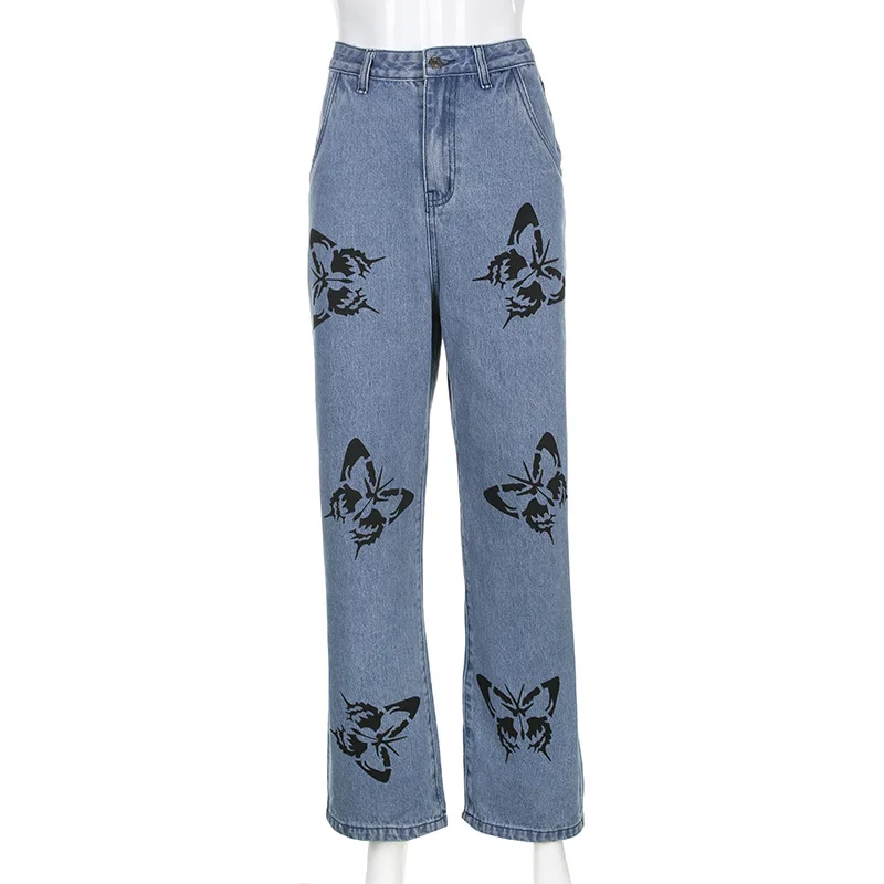 

New Women Fashion High Waist Butterfly Print Jeans Ladies Casual Stylish Pants Outfits for Shopping Daily Wear