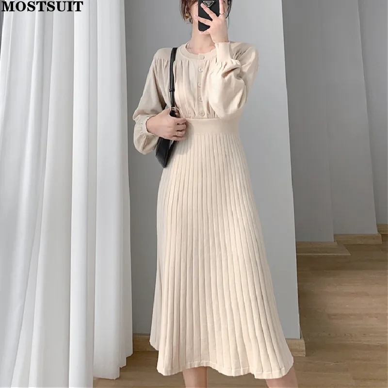 

Элегантное однотонное теплое платье-свитер, женские осенне-зимние длинные платья с длинным рукавом и круглым вырезом, модные шикарные женс...