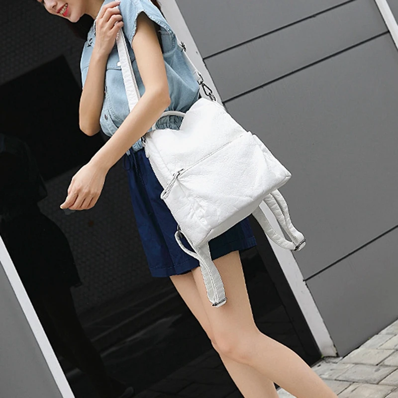 

New Ladies Backpack Washed Leather Soft Backpack White Anti-Theft Female Backpack Girl School Bag