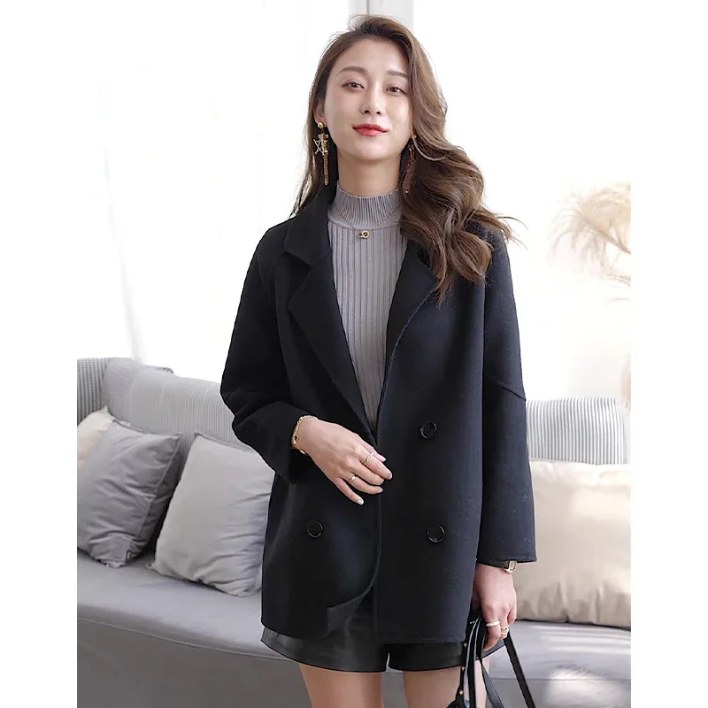 2021 Spring Fashion Camel Double Faced Tweed Coat Women's All Wool  Loose Medium Length Jacket Simple Cashmere Female Overcoat