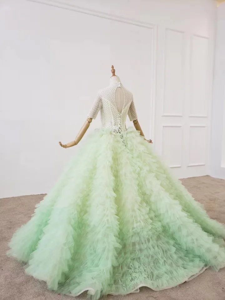 Gorgeous Ball Gown 2020 New Prom Dresses 3/4 Sleevees Appliques Layers Tulle Engagement Formal Dress Bride Party Gowns Custom