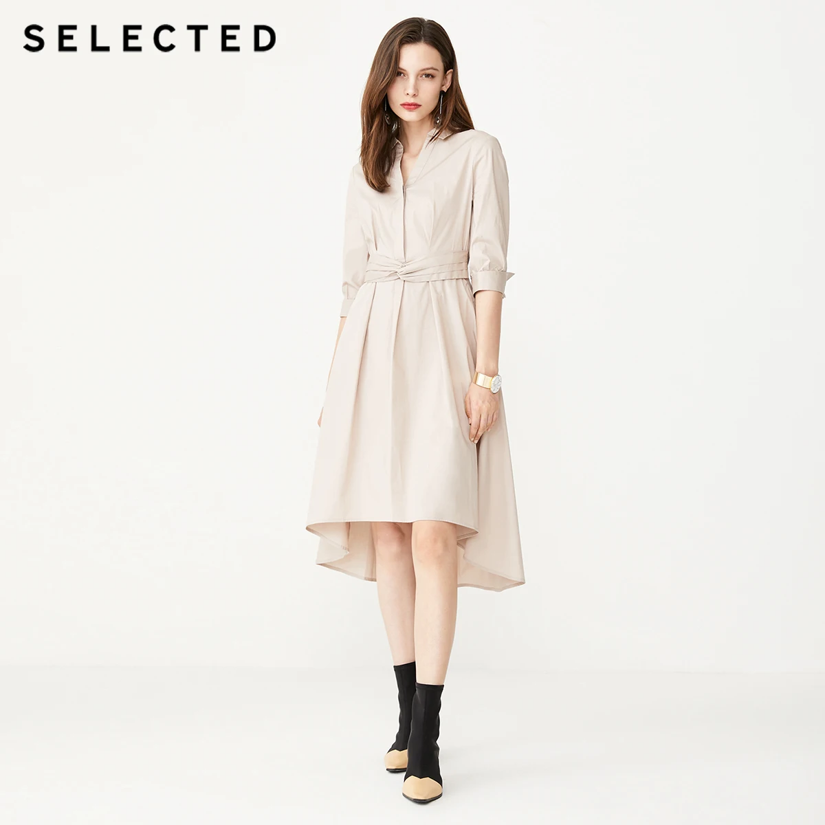 Женское платье с V-образным вырезом рукавом 3/4 и поясом | Женская одежда