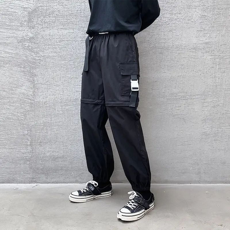 

IEFB Functional Style High Waist Zipper Knee Black Pants For Men 2021 Spring New Loose Casual Sweatpants With Pocket 9Y6698