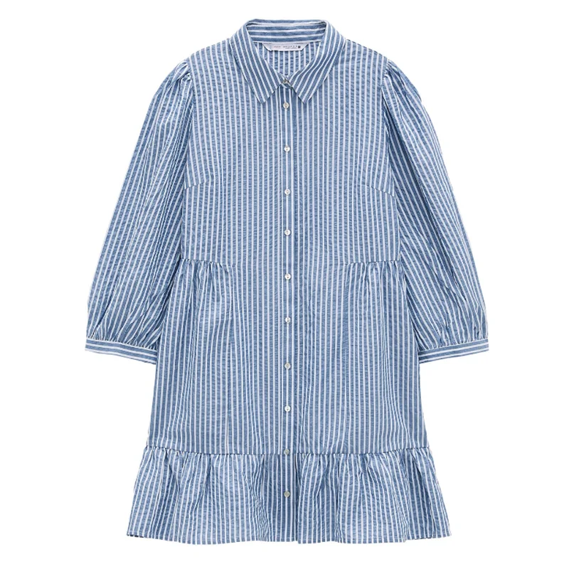 

Feminine Summer Dress 2021 Lady Short Dress High Fashion Style Turn-down Collar Design Beautiful Casual Pleated Striped Dress