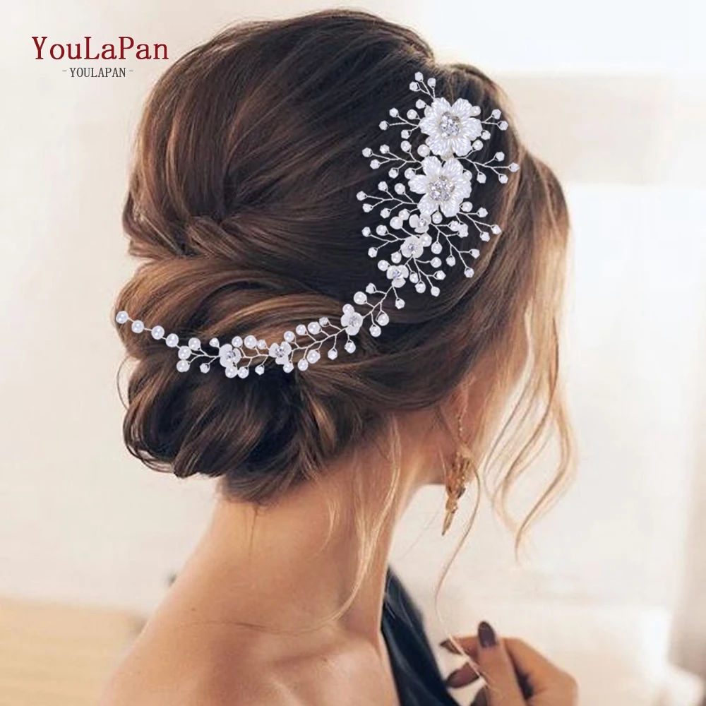 

YouLaPan HP295 Ceramic Flowers Wedding Headbands for Bride Crystal Pearls Women Hairpins Bridal Headpiece Hair Jewelry