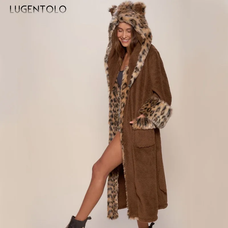 

Женское пальто с капюшоном Lugentolo, длинное коричневое пальто из искусственного меха с отворотом, модное Свободное пальто из искусственного м...