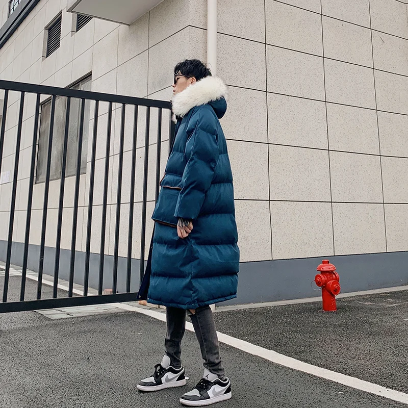 Contrast Color Large Fur Collar Cotton Coat Men's Winter Thick Coat Long Loose Cotton Coat Warm Hooded Cotton-Padded Jacket