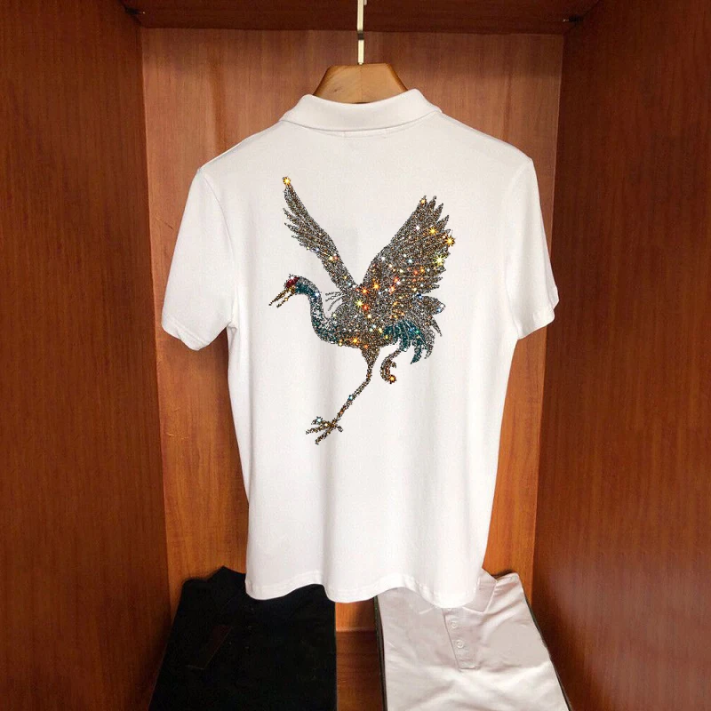 

Crane Style Hot Diamond Craft Men's T-Shirt Loose Large Size Business Polo Cotton Breathable Trend Harajuku Sweatshirt Tops