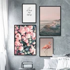 Скандинавский современный цветочный Рисунок фламинго, волнистый холст, принт, морской пейзаж, постер, настенное искусство, картина для гостиной, украшение для дома