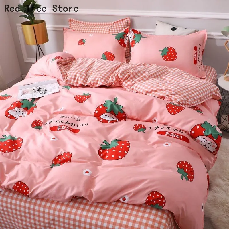 Pink Heart Strawberry Printed Bed Cover Set Kids Girls Rabbit Duvet Cover Bedding Set Pillowcases Sheet Comforter Twin Full Size