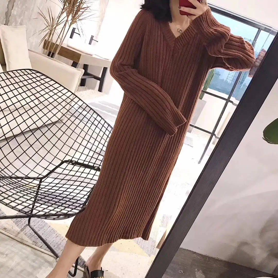 

Women Autumn Winter Slim Thick Mid-calf Knitted Dress Female Loose Solid V-neck Sweater Dresses Ladies Elegant Long Dress P70