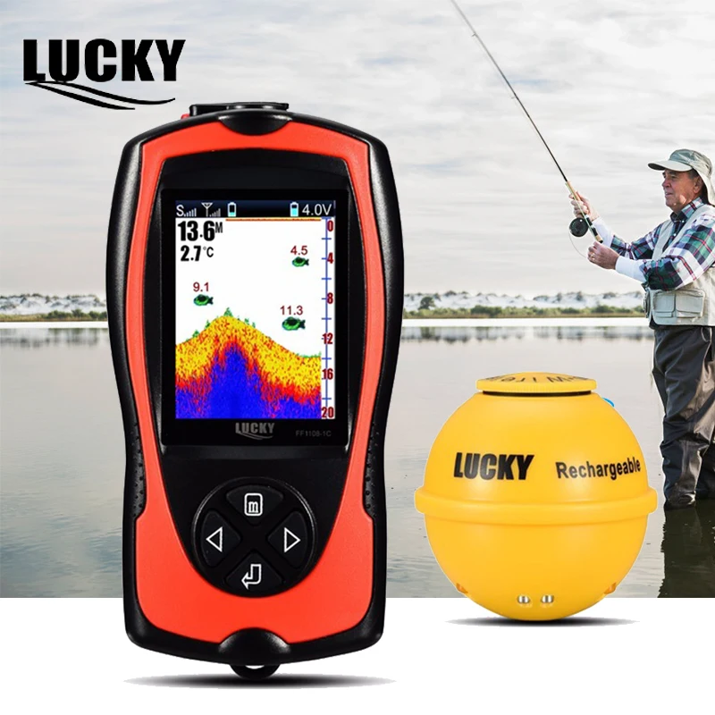 LUCKY Portable Fish Finder Transducer Sonar Sensor 147 Feet Water Depth Finder LCD Screen Echo Sounder Fishfinder with Fish Alar