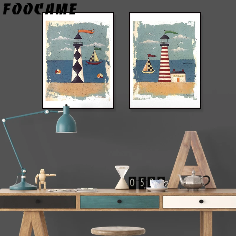Мультфильм морской корабль плакаты с изображением маяка и принтами Искусство