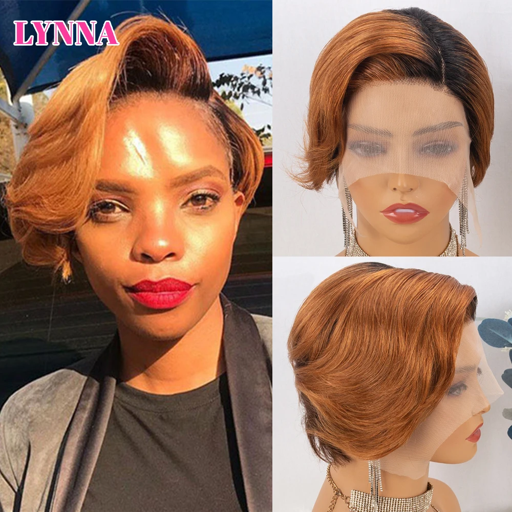 

Short Straight Bob Pixie Cut Wig Ombre Human Hair Honey Blonde Pixie Wigs For Black Women Preplucked L Part Lace Wig for Woman