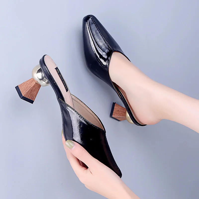 

Полностью из кожи; Стильная женская обувь; Женские шлепанцы 2021 Новая женская обувь; Туфли без задника; С острым носком на высоком каблуке пов...