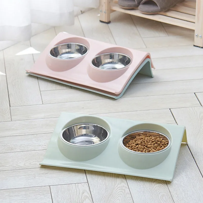 

Pet Cats Dogs Anti-slip Stainless Steel Food Water Feeder Double Feeding Bowls Leakproof Pets Feeding Supplies Set