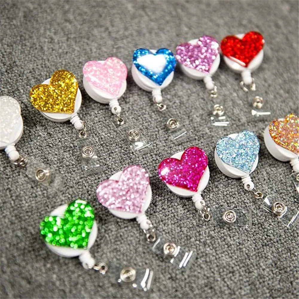 

1pc Love Heart Glitter Sequins Badge Reel Retractable Badge Holder Nurse Doctor ID Card Holder Pull Key Chain Office Supplies