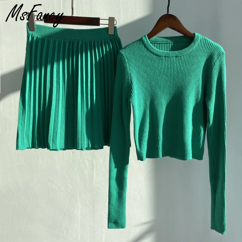 Msfancy вязаные комплекты с юбкой женский короткий топ длинным рукавом