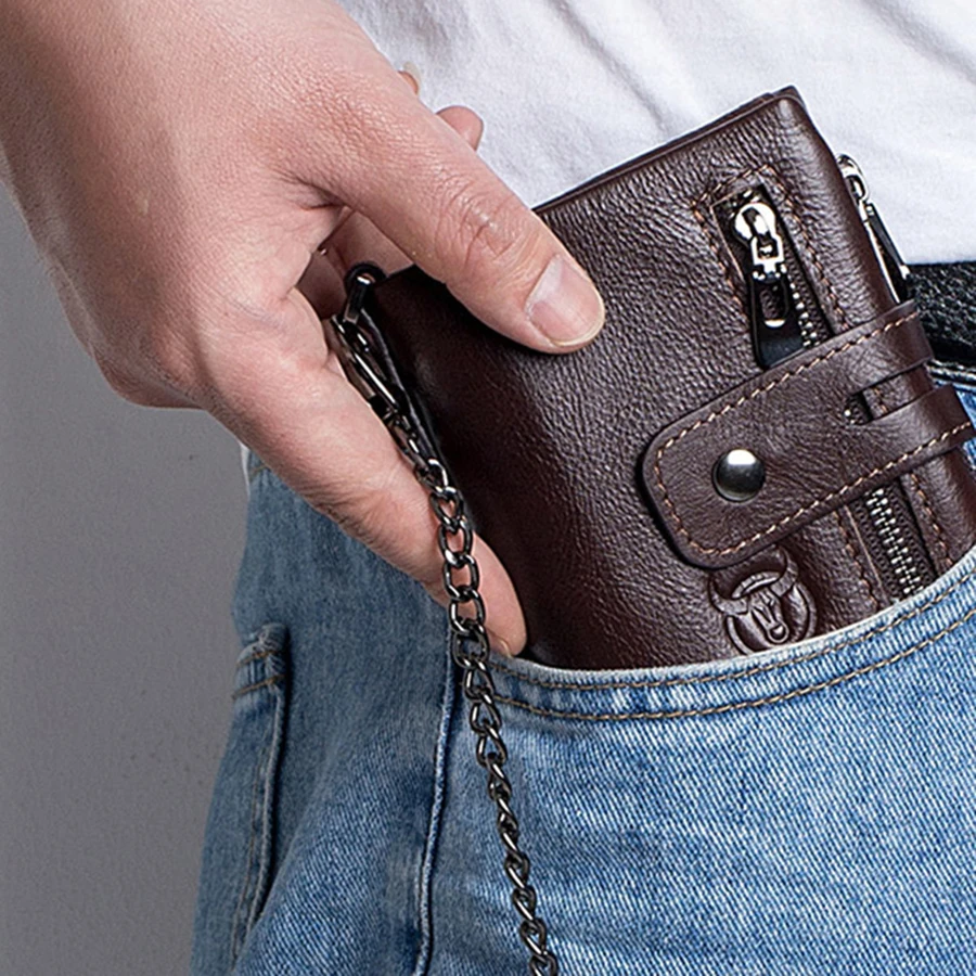 

Cowhide Genuine Leather Men Wallet Coin Purse Small Mini Card Holder Chain PORTFOLIO Portomonee Hasp Male pockect