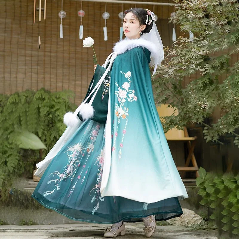 Autumn Winter Women Hanfu Cape Cloak Fairy Hooded Floral Print Warm Coat Chinese  Ancient Vintage Tang Dynasty Princess Overcoat
