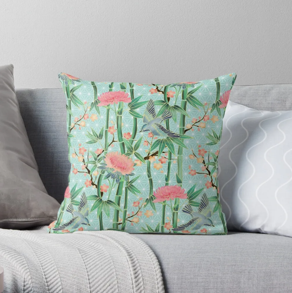 

Bamboo, Birds and Blossom - soft blue green Throw Pillow Pillow Case Polyester Home Decora kussensloop almohada poszewka