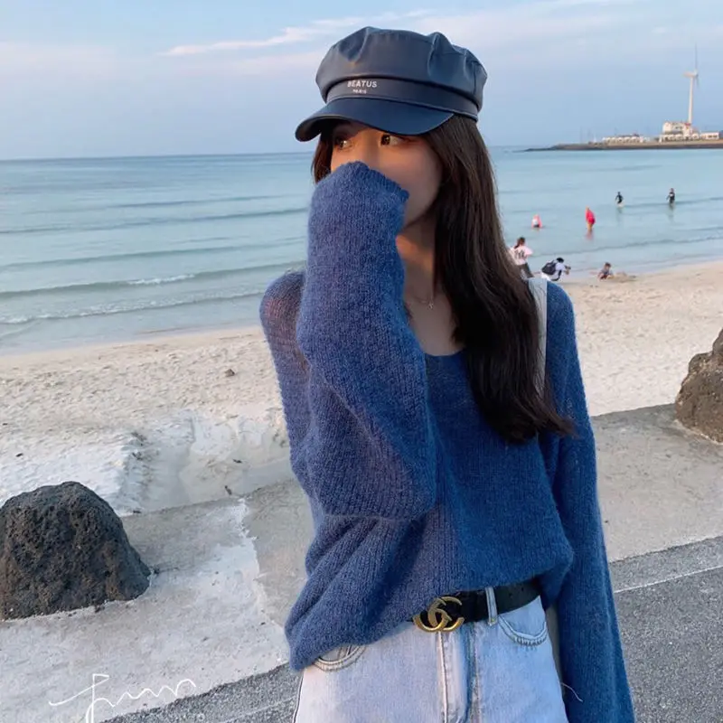 

Pullovers Women Sweaters Solid V-Neck Loose Sweet Spring Autumn Plus Size Casual Thin Womens Elegant New Fashion Feminina Tops