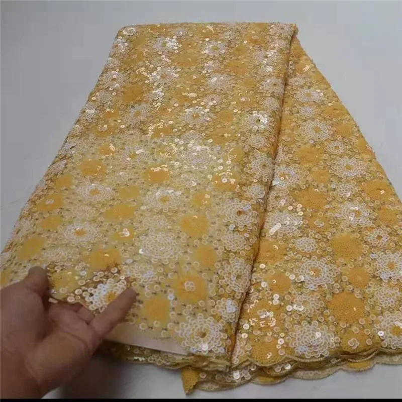 Кружевная ткань с желтыми блестками материал бахромой Африканское французское