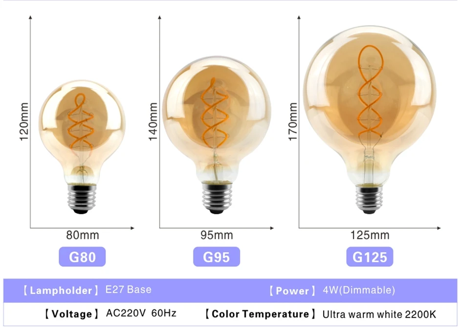 LARZI ретро Спираль нити светодиодный лампы G80 G95 G125 4 Вт E27 220V затемнения Эдисон лампы 2200K теплый желтый светодиодный светильник