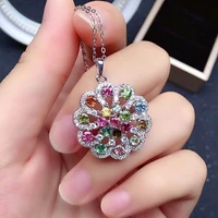 luxury silver round pendant with gemstones 18 pieces 3mm natural tourmaline necklace pendant 925 silver tourmaline pendant