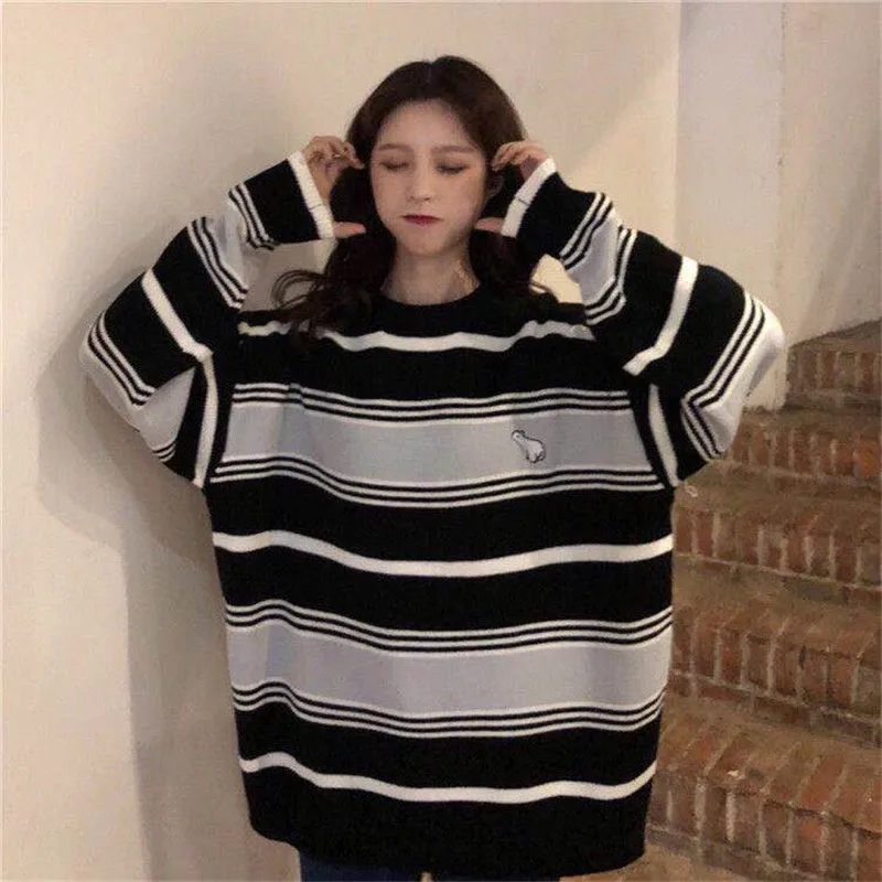 Женский свитер в полоску Kawaii Ulzzang, Ретро стиль, для колледжа, свободные облака, женский, корейский, панк, тонкий, милый, свободный, Harajuku, одежда для женщин