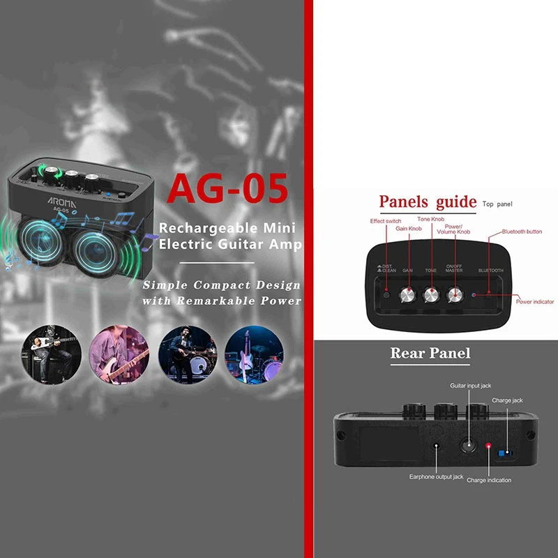 

AROMA AG-05 Bluetooth Electric Guitar Amp Amplifier 5W Stereo Output Distortion Gain Tone Control 3.5mm Monitoring