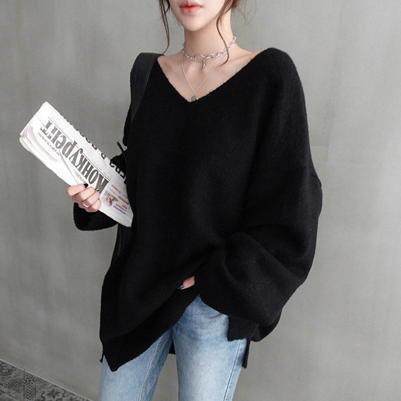 

sweater women knitted V neck plus size Loose pullover sweater female casual winter clothes women Loose oversize sweater pullover