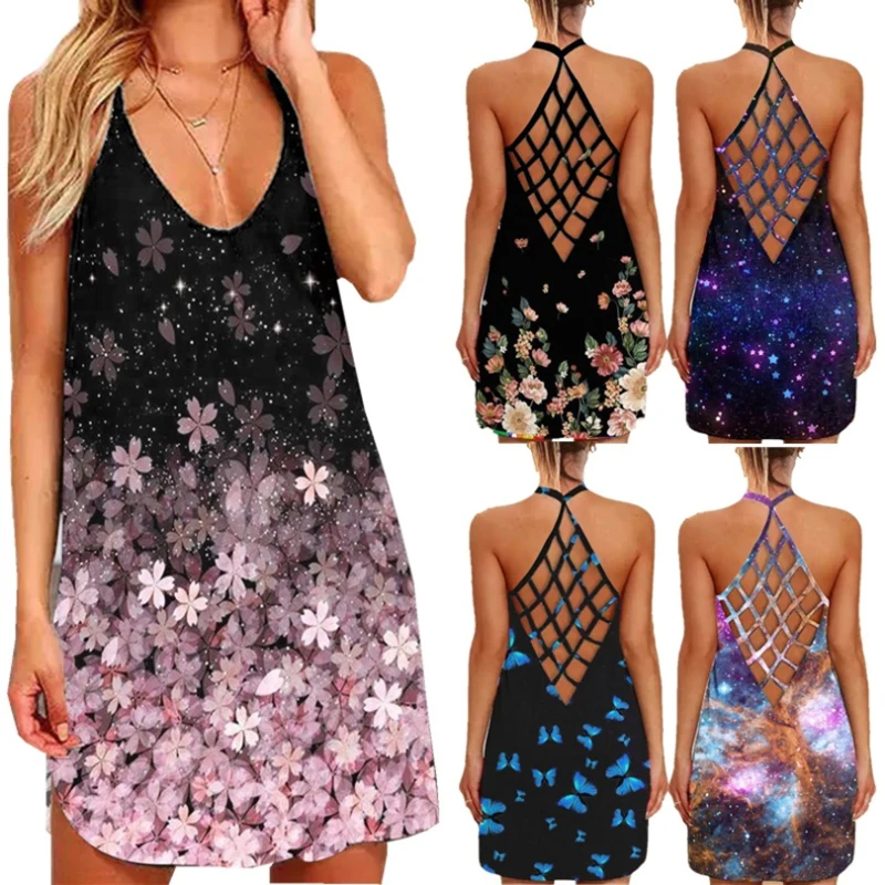 

Fashion Women Casual Loose Print Sling Slim Tank Tops Hollow Out Sexy Dress vestido de mujer summer dress