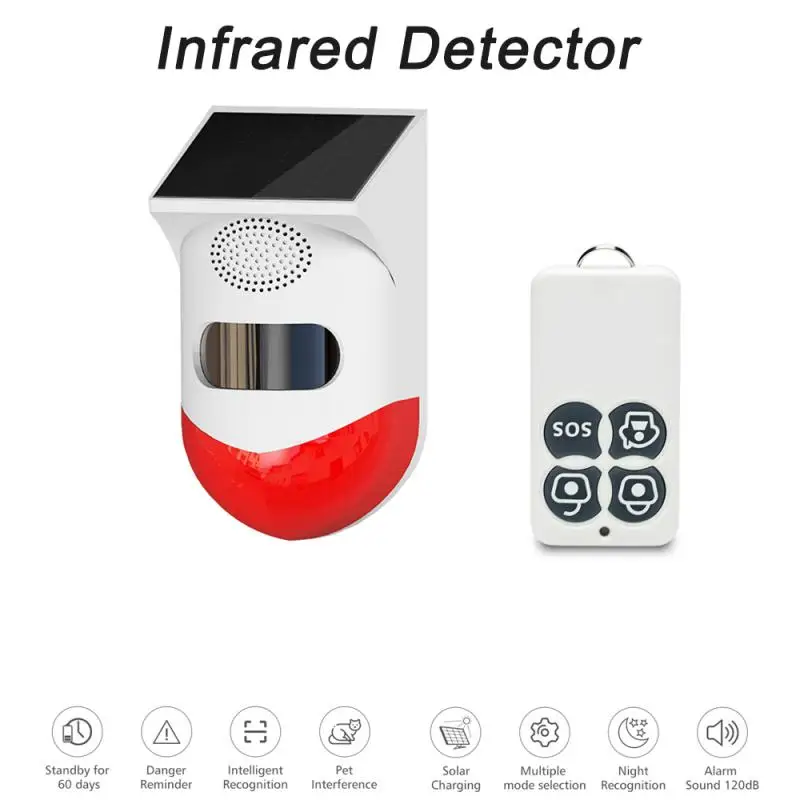 

New Solar Alarm Lamp Remote Control Security Alarm Motion Sensor Alarm Siren PIR Motion Sensor Detector For Home Yard Outdoor