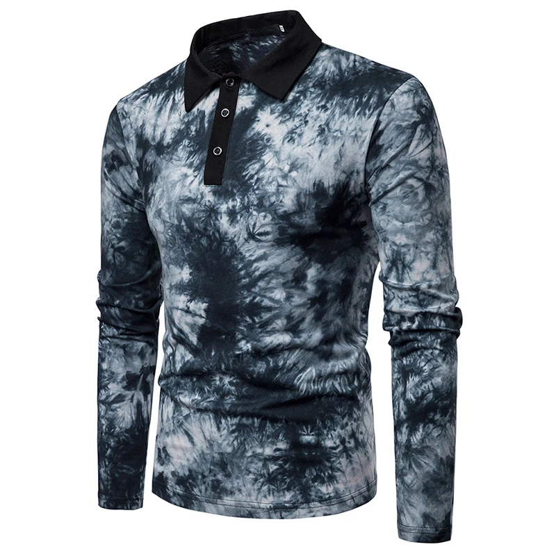 Men's Polo Shirt Casual Male Long Sleeve Tops Printed V-neck Fashion Slim Fit Polos | Мужская одежда
