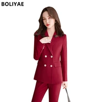 boliyae spring autumn fashion long sleeve womens trouser suits black red double breasted office blazers elegant jacket pantsuit