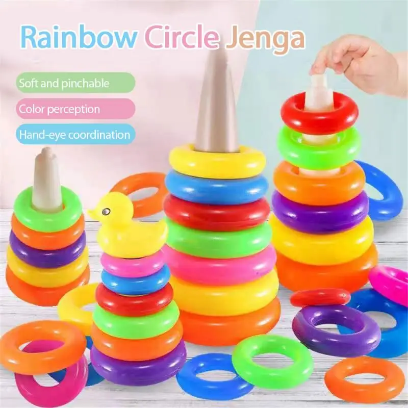 

5/9/13PCS Kleine Gele Eend Jenga Regenboog Ring Kinderen Regenboog Toren Stapelen Cirkel Baby Vroegschoolse Educatie Speelgoed