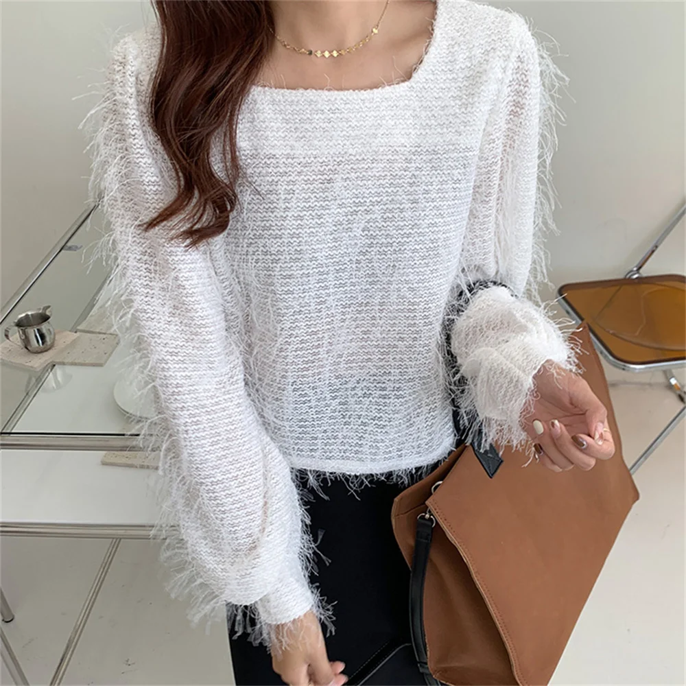 

동대문 Tassel Square Collar Chic Slim Women Sweaters Casual Sweet Office Lady All Match Autumn Gentle Knitted Pullover Jumpers