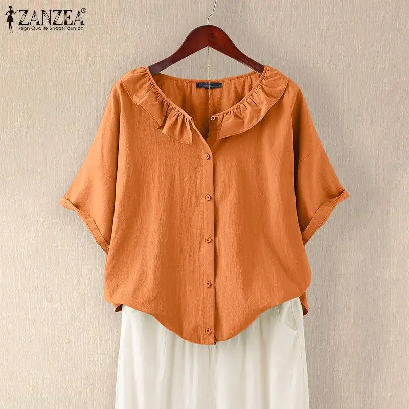 

Элегантная женская блузка ZANZEA с оборками, лето 2021, винтажные хлопковые льняные однотонные топы, повседневные свободные блузки с коротким ру...