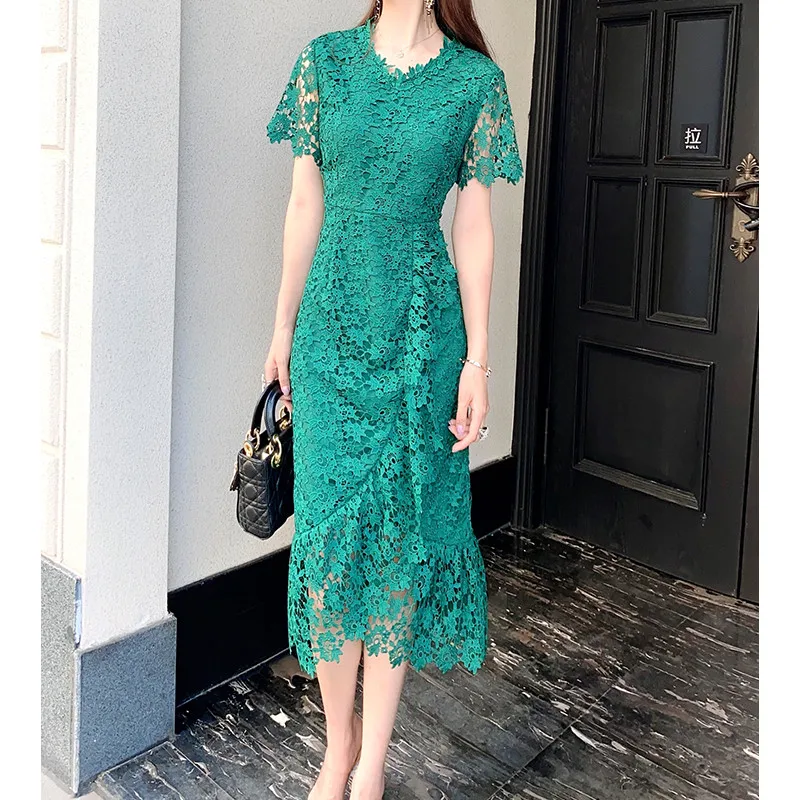 

High Quality Runway Designer Summer Dress Women Elegant 2020 New Short Sleeve Ruffle Hollow Out Crochet Lace Dress Party Vestido