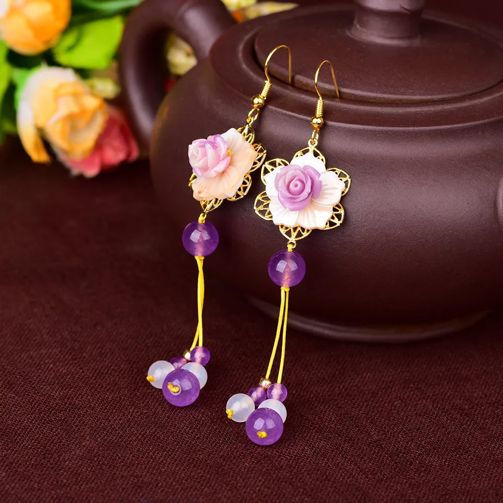 Серьги-подвески с нефритовыми цветами Амулет из халцедона и агата модный